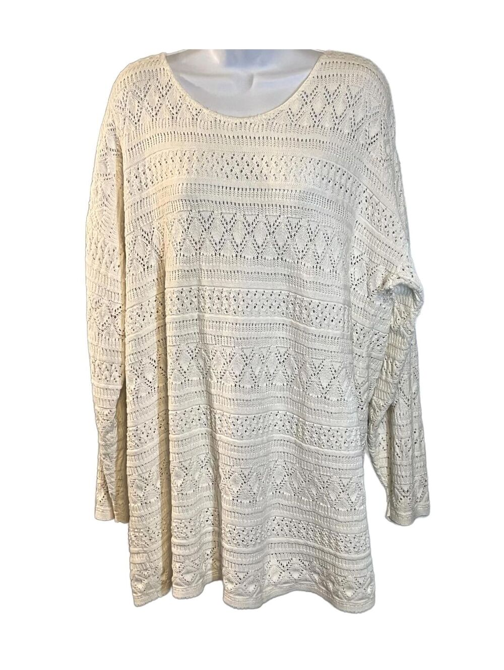 Vintage Tapestry Boho Pointelle Open Knit Cream Tunic Sweater Cottagecore XXL